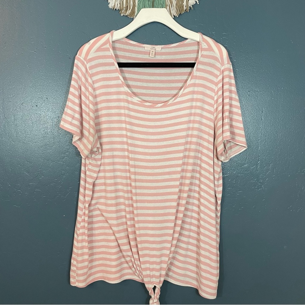 Como Vintage Women’s Pink and White Striped Tie Hem Short Sleeve Tee Size XXL